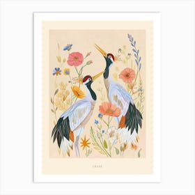 Folksy Floral Animal Drawing Crane Poster Art Print