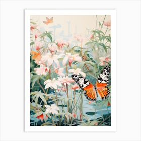 Butterfly & Flowers By The Pond Japanese Style Painting Art Print