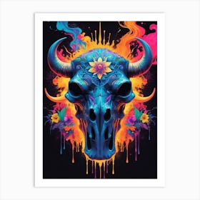 Floral Bull Skull Neon Iridescent Painting (11) Art Print