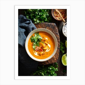 Autumn Pumpkin Curry Soup Steaming In A Rustic Ceramic Bowl Surrounded By An Array Of Vividly Spice (6) Art Print