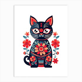 Vintage Black Floral Cat Kitsch Art Print