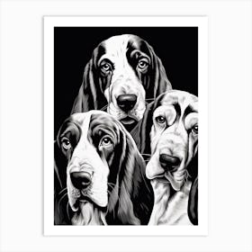 Three Basset Hound Dogs, Line Drawing 3 Art Print