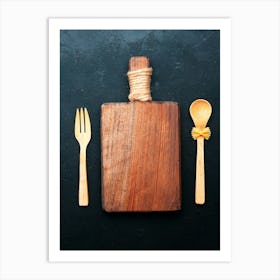 Chopping board & wooden spoon — Food kitchen poster/blackboard, photo art Art Print