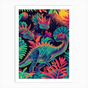 Abstract Neon Dinosaurs In Jurassic Landscape 2 Art Print