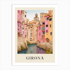 Girona Spain 2 Vintage Pink Travel Illustration Poster Art Print
