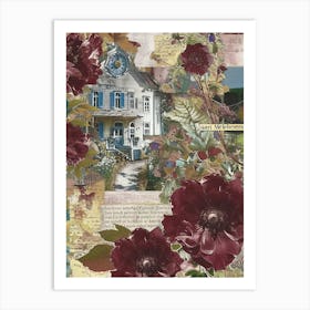 Burgundy Flowers Scrapbook Collage Cottage 3 Art Print