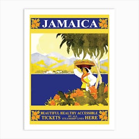 Jamaica, Woman With Fruit Basket On The Coast Art Print