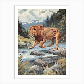 Barbary Lion Relief Illustration Crossing A River 2 Art Print