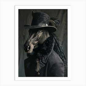 Black horse wearing winter clothes Art Print