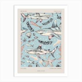 Pastel Blue Zebra Shark Watercolour Seascape Pattern 2 Poster Art Print
