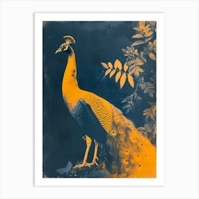 Orange & Blue Cyanotype Inspired Peacock With Tropical Leaves 3 Art Print
