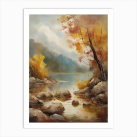 Forest Lake, Autumn Lake, Vintage Oil Painting, Farmhouse Wall Decorations, Antique Landscape, Vintage Landscape Oil Painting.4 Art Print