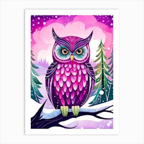 Pink Owl Snowy Landscape Painting (221) Art Print