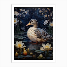 Floral Ornamental Ducklings At Night 5 Art Print