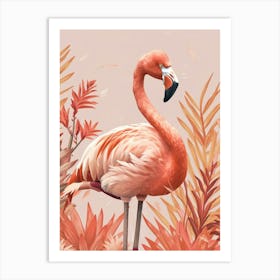 Lesser Flamingo And Bromeliads Minimalist Illustration 2 Art Print