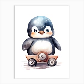 Baby Penguin On A Toy Car, Watercolour Nursery 0 Art Print