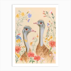 Folksy Floral Animal Drawing Emu Art Print