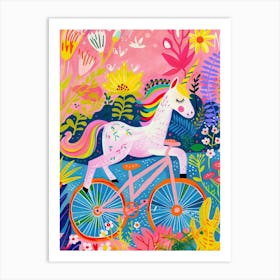 Floral Fauvism Style Unicorn Riding A Bike 4 Art Print