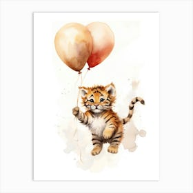 Baby Tiger Flying With Ballons, Watercolour Nursery Art 1 Art Print