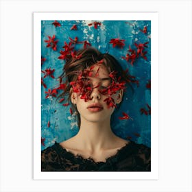 Red Flowers On A Woman'S Face Art Print