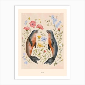 Folksy Floral Animal Drawing Seal 4 Poster Art Print