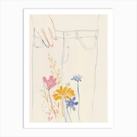 Blue Jeans Line Art Flowers 2 Art Print