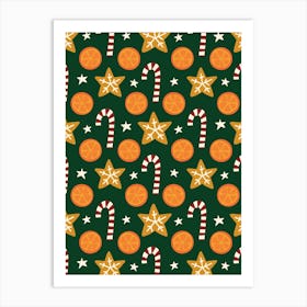 Holiday Spice Folk Art Oranges, Candy Canes, Cookies Rows on Dark Green Art Print