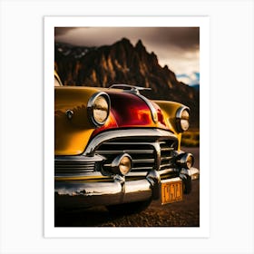 Classic Car Parked In Front Of Mountains Art Print