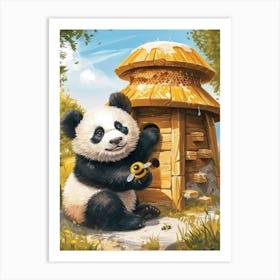 Giant Panda Cub Playing With A Beehive Storybook Illustration 4 Art Print
