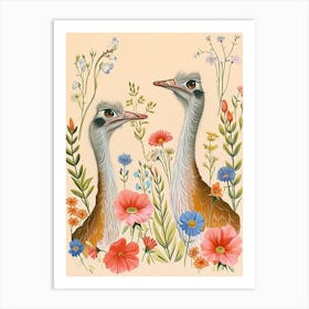 Folksy Floral Animal Drawing Ostrich Art Print