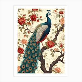 Cream Floral Vintage Peacock Wallpaper Inspired 6 Art Print