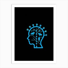 Abstract Concept Art Of A Silhouetted Head Outlined Against A Backdrop Of Light Bulbs And Gears Sym Art Print