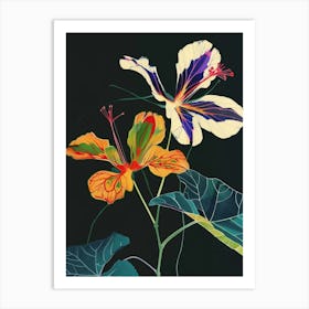 Neon Flowers On Black Nasturtium 2 Art Print