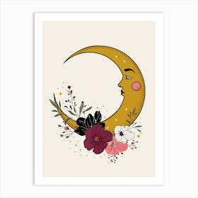 Cresent Moon And Flowers Art Print