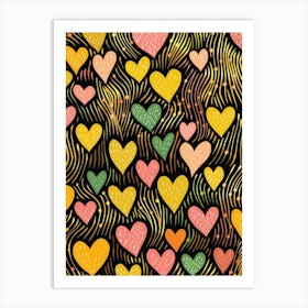 Linocut Style Heart Pattern Art Print