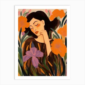 Woman With Autumnal Flowers Iris 2 Art Print