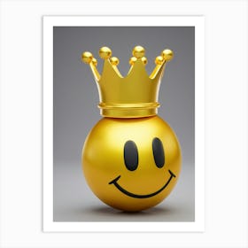 3d Smiley Face Emoji Donning A Gold Crown Centered On A Smooth Matte Gray Background Crown Detaile Art Print