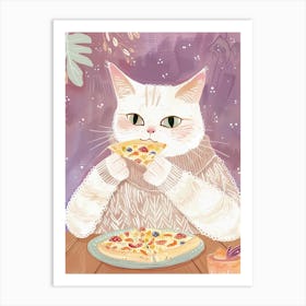 White Cat Pizza Lover Folk Illustration 1 Art Print