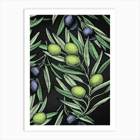 Olives On A Black Background - olives poster, kitchen wall art Art Print