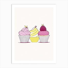 Lemon Raspberry Cupcakes Dessert Minimal Line Drawing Flower Art Print