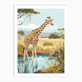 Giraffe In The Water Hole Modern Illustration 4 Art Print