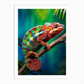 Chameleon Clinging To A Thin Branch Vibrant Photorealistic Scales Flaunting A Spectrum Of Colors B Art Print