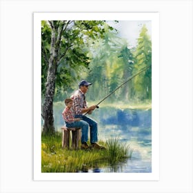 Grandfather And Son Fishing Art Print