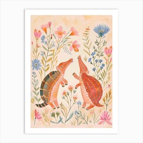 Folksy Floral Animal Drawing Armadillo 2 Art Print