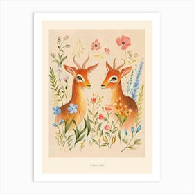 Folksy Floral Animal Drawing Antelope Poster Art Print