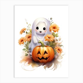 Cute Ghost With Pumpkins Halloween Watercolour 125 Art Print
