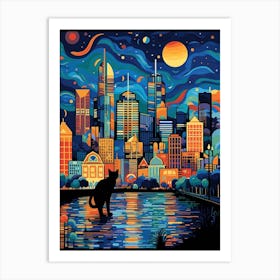 Melbourne, Australia Skyline With A Cat 2 Art Print