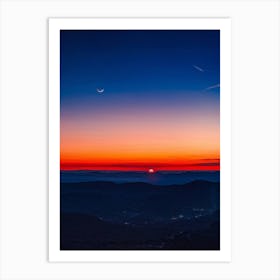 A Sweeping Panorama Of An Evening Sky Blood Red With The Setting Sun Transitions Into A Serene Moon (4) Art Print