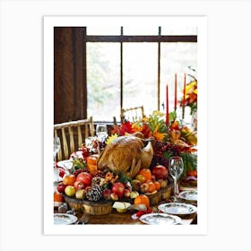 Thanksgiving Feast In A Cozy Rustic Kitchen Centerpiece With A Vintage Dress Patterned Tablecloth Art Print