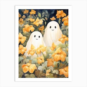 Cute Bedsheet Ghost, Botanical Halloween Watercolour 140 Art Print